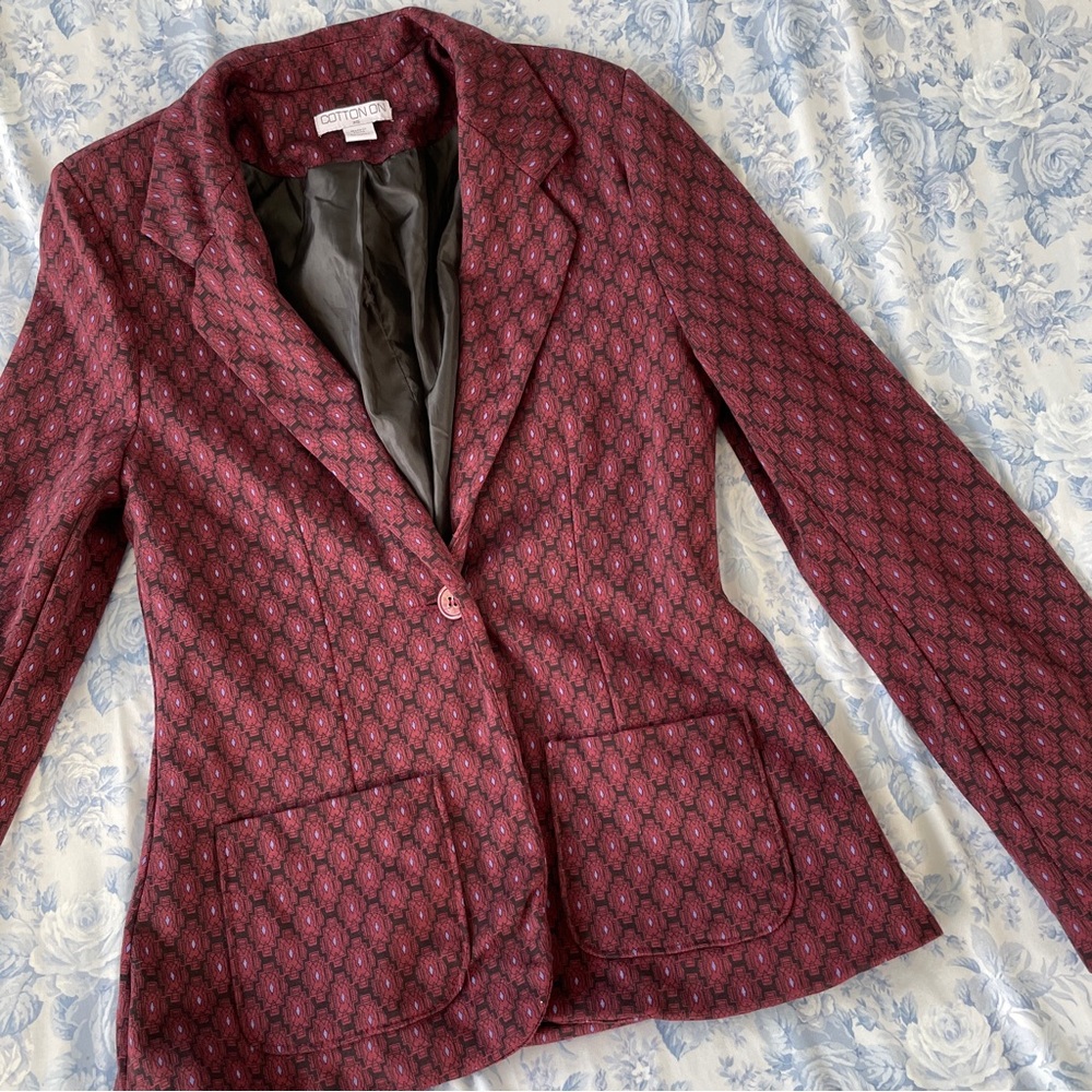 Cotton On XS Single Button Blazer Red Geometric All Over Print Pockets Career